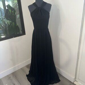 White House Black Market Black Pleated Gown Maxi Dress Halter Neck Size 2